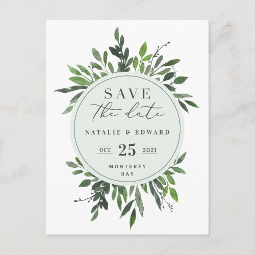 leafy watercolor photo save the date postcard