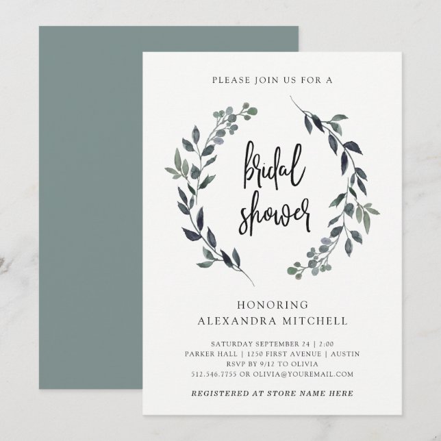 Leafy Watercolor Wreath | Bridal Shower Invitation (Front/Back)