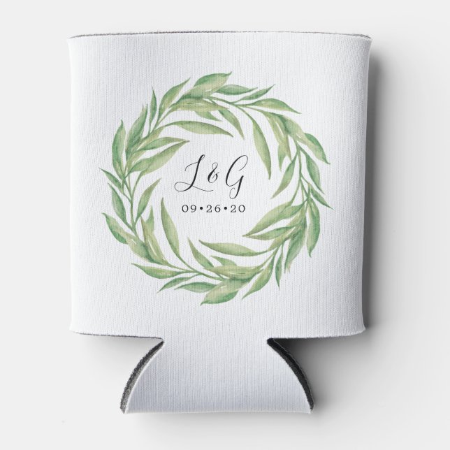 Leafy Watercolor Wreath Wedding Favor Can Cooler (Front)
