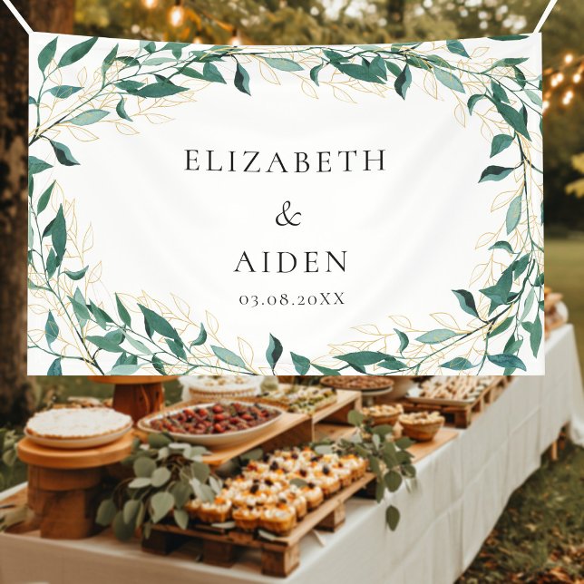 Leafy Wedding Banner (Elegant, leafy greenery & gold line art design, white, wedding banner with your name & date.)