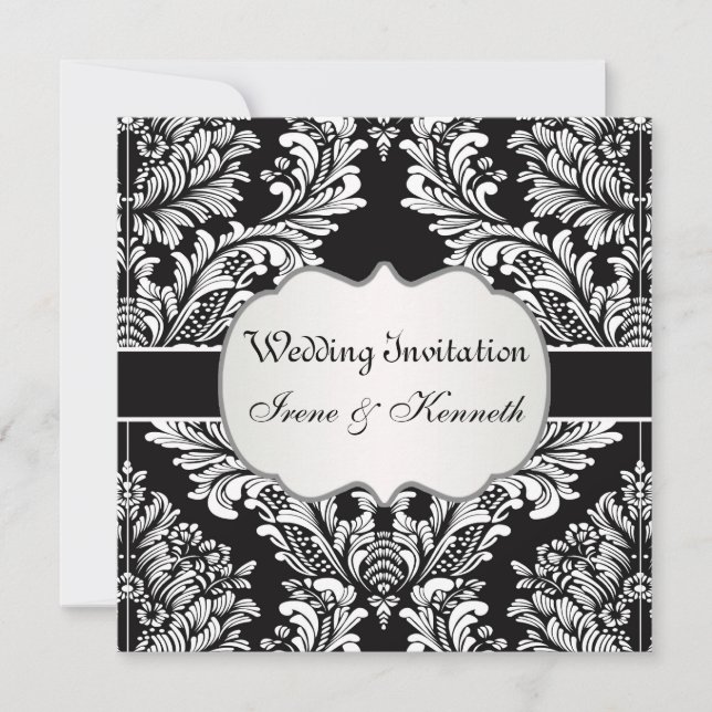 Leafy white damask on black  Wedding Invitation (Front)