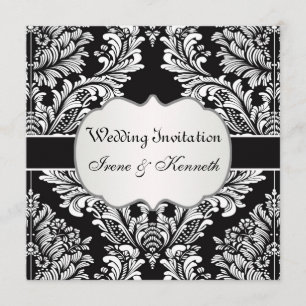 Leafy white damask on black Wedding Invitation