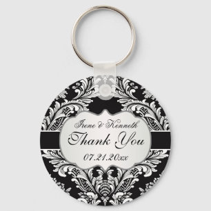 Leafy white damask pattern on a black Wedding Keychain