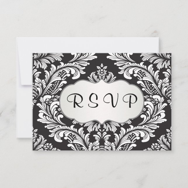 Leafy white damasl pattern on black RSVP Card (Front)