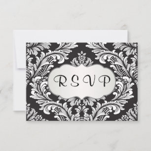 Leafy white damasl pattern on black RSVP Card