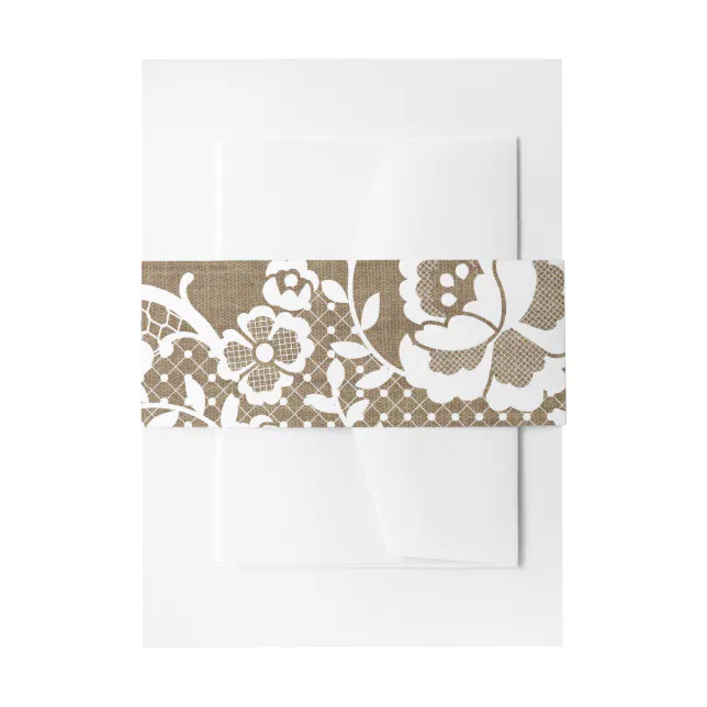 Leafy White Lace Pattern Over Dark Burlap Invitation Belly Band | Zazzle
