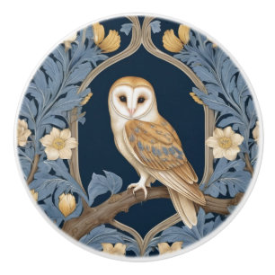 Leafy William Morris style Left facing Barn Owl Ceramic Knob