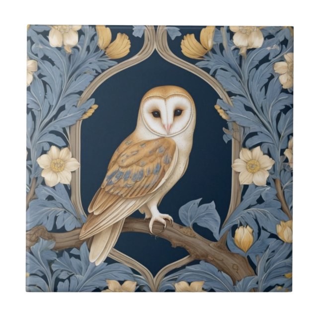 Leafy William Morris style Right facing Barn Owl Ceramic Tile (Front)