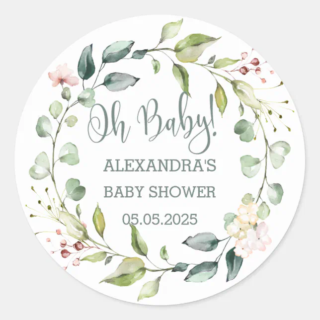 Leafy wreath Baby Shower Classic Round Sticker | Zazzle