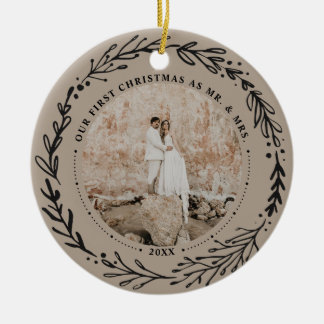 Leafy Wreath Mr. & Mrs. First Married Christmas Ceramic Ornament