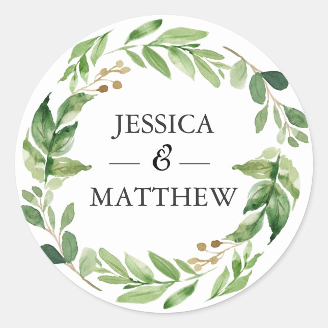 Leafy wreath wedding Thank you stickers (Front)