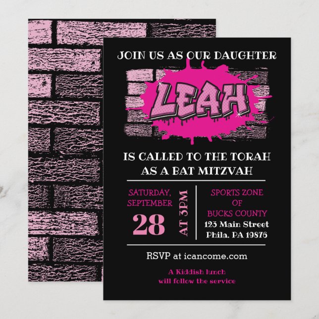  LEAH Graffiti Name Brick Wall Bat Mitzvah Invite (Front/Back)