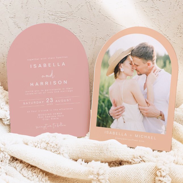 LEAH Modern Arched Coral Pink Photo Wedding Invitation (Creator Uploaded)