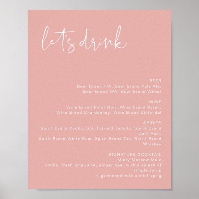LEAH Vibrant Pastel Pink Let's Drink Bar Menu  Poster (Front)