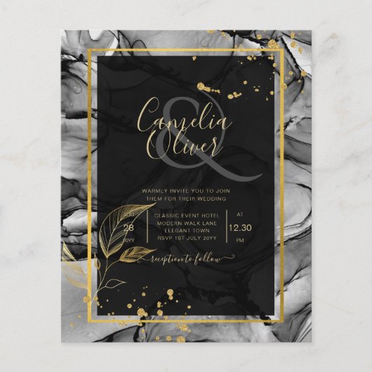 LeahG® Black Gold Alcohol Ink Wedding INVITE (Front)