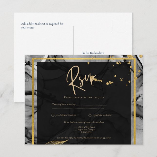 LeahG® Black Gold Alcohol Ink Wedding INVITE (Front/Back)