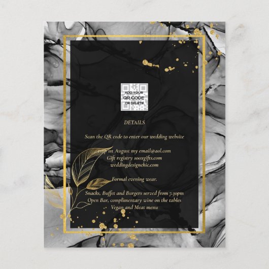 LeahG® Black Gold Alcohol Ink Wedding INVITE (Back)