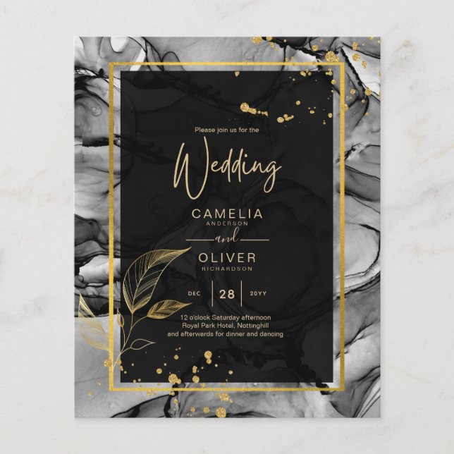 LeahG® Black Gold Alcohol Ink Wedding INVITE Flyer (Front)