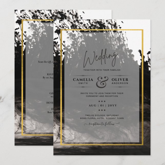LeahG Black Gold INK Abstract Wedding Invite (Front/Back)