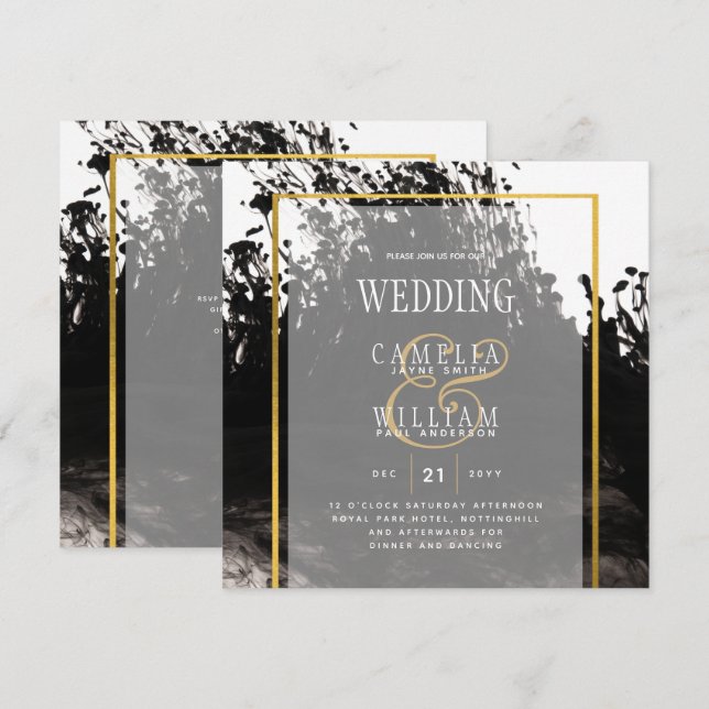 LeahG Black Gold INK Abstract Wedding Invite (Front/Back)