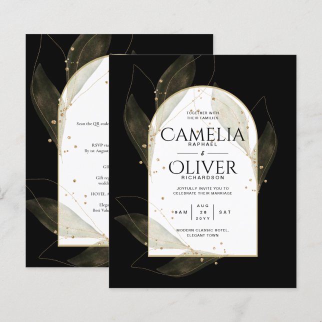LeahG Black Gold Leaves Modern Wedding INVITE (Front/Back)