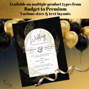 LeahG Black Gold Leaves Modern Wedding INVITE