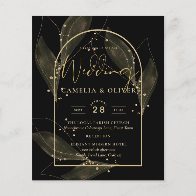 LeahG Black Gold Leaves Modern Wedding INVITE (Front)