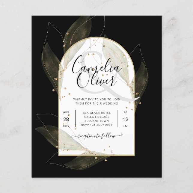LeahG Black Gold Leaves Modern Wedding INVITE Flyer (Front)