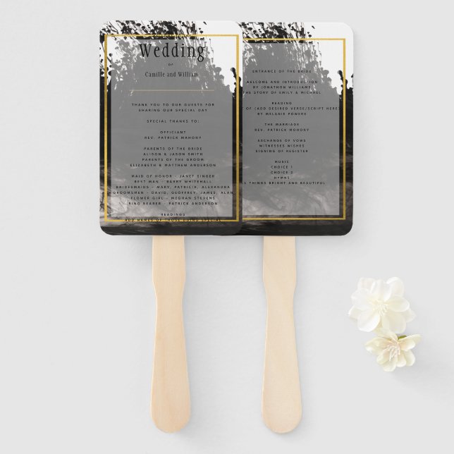 LeahG BLACK White Gold INK Wedding Program Hand Fan (Front and Back)