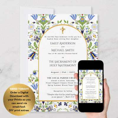 LeahG Blue Floral Catholic Wedding Nuptial Mass Invitation