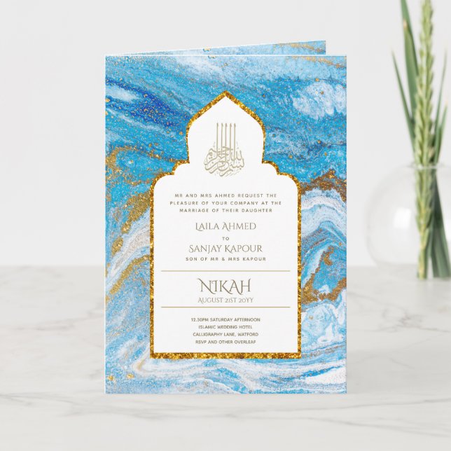 LeahG Blue Islamic Muslim Wedding Invites Nikah (Front)