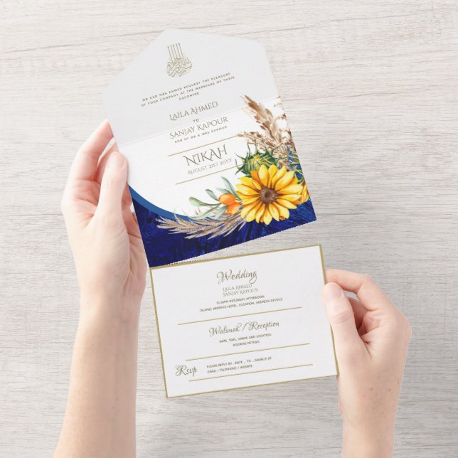 LeahG Blue Sunflower Floral Islamic Muslim Wedding All In One Invitation (Tearaway)