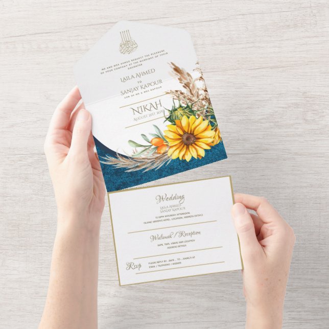 LeahG Blue Sunflower Floral Islamic Muslim Wedding All In One Invitation (Tearaway)