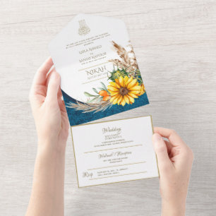 LeahG Blue Sunflower Floral Islamic Muslim Wedding All In One Invitation