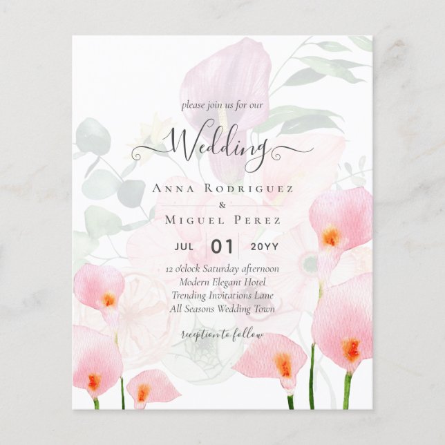 LeahG Blush Pink Calla Lily Wedding Invite Floral Flyer (Front)