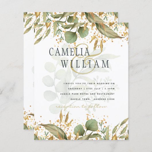 LeahG Botanical Greenery Gold Wedding Invite (Front/Back)