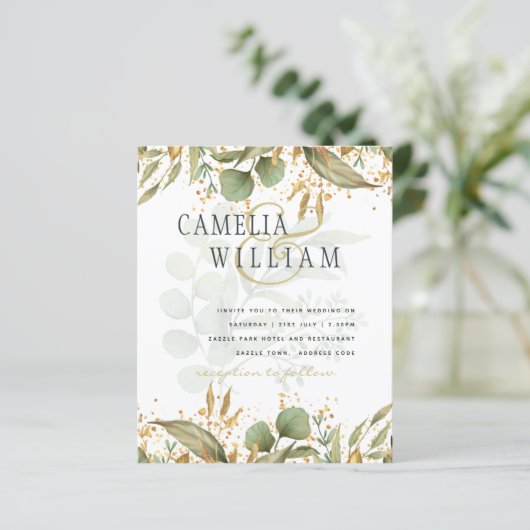 LeahG Botanical Greenery Gold Wedding Invite (Standing Front)