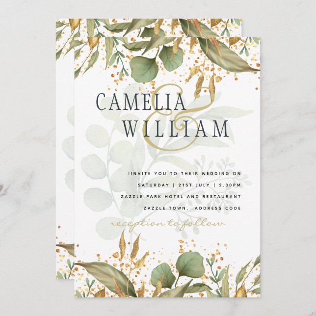 LeahG Botanical Greenery Gold Wedding Invite (Front/Back)