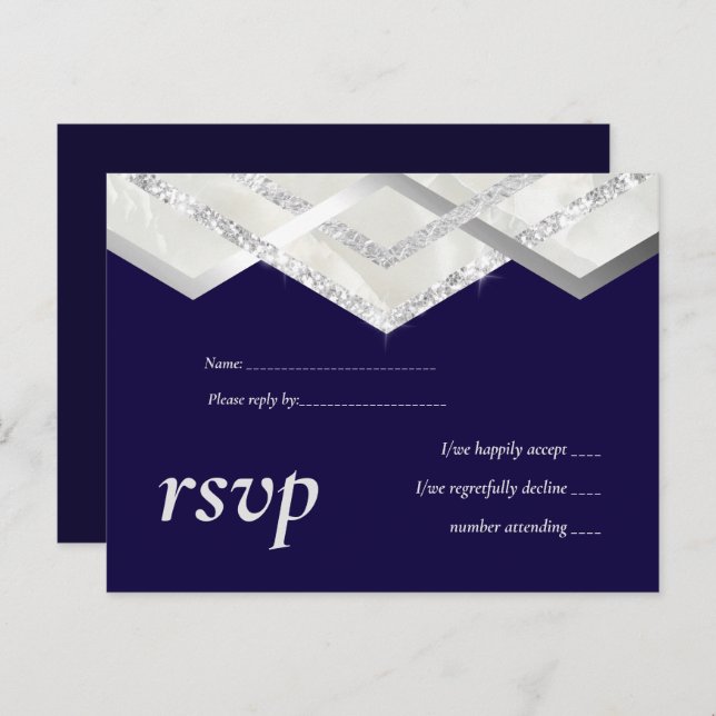 LeahG Budget Navy Silver Deco Wedding RSVP Invitation Postcard (Front/Back)
