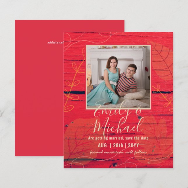 LeahG Budget PHOTO Save Date Red Gold Leaves (Front/Back)