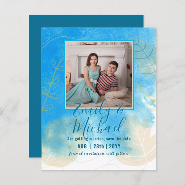 LeahG Budget PHOTO Save Date Teal Gold Abstract (Front/Back)