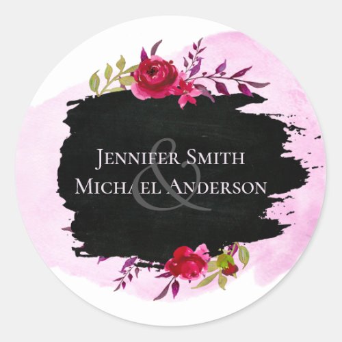 LeahG Budget Pink Rose Black Modern Wedding Classic Round Sticker
