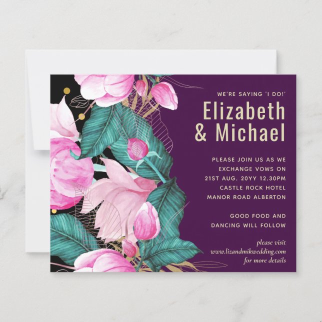 LeahG Budget Pink Roses Plum Modern Wedding Chic (Front)