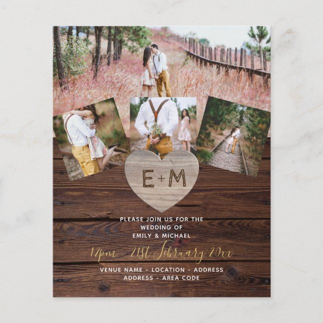 LeahG BUDGET Rustic Wood Heart PHOTO WEDDING Flyer (Front)