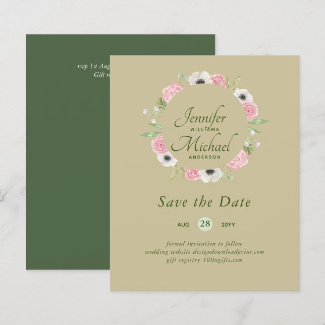 LeahG BUDGET Save Dates Blue Floral Wreath (Front/Back)