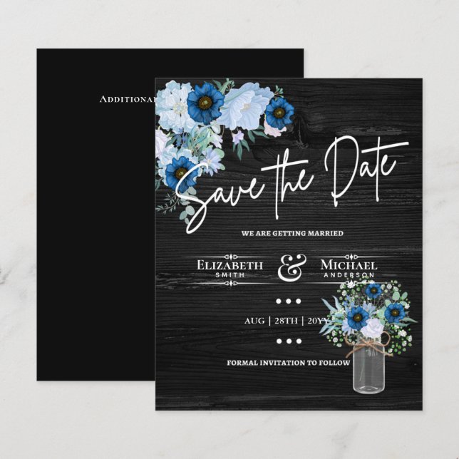 LeahG BUDGET Save The Date Black Blue Floral (Front/Back)