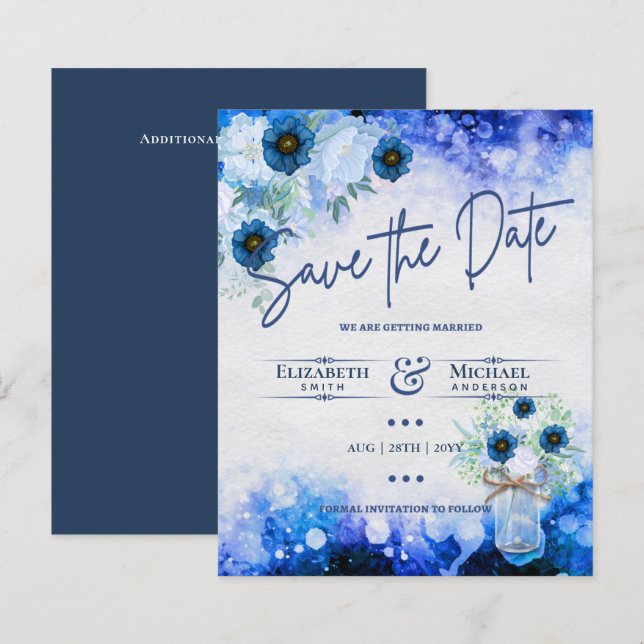 LeahG BUDGET Save The Date Blue Floral Watercolor (Front/Back)