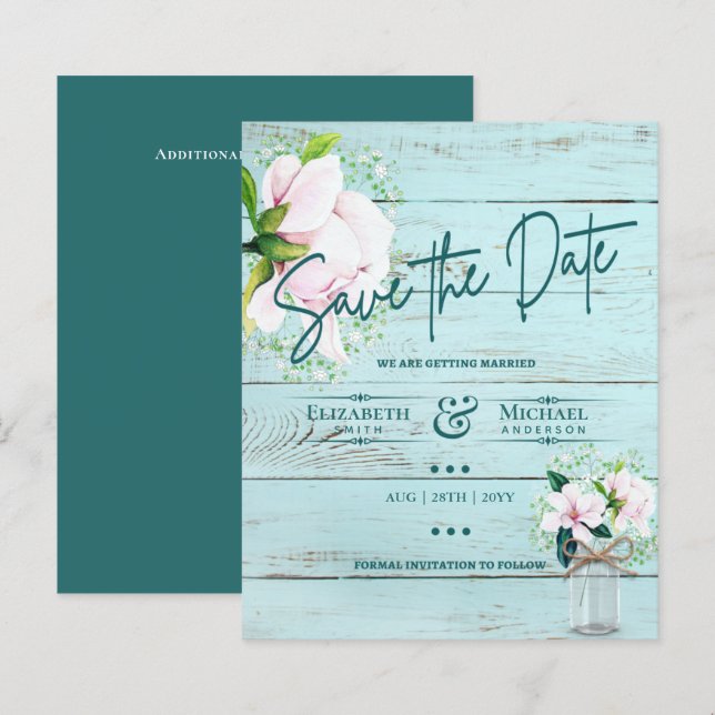 LeahG BUDGET Save The Date Pink Magnolias Teal (Front/Back)