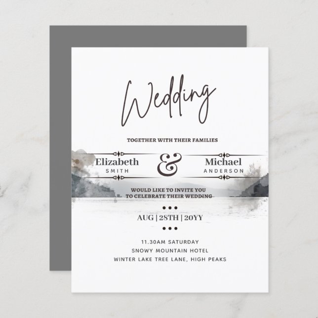 LeahG BUDGET Snowy Mountain Wedding Invite (Front/Back)