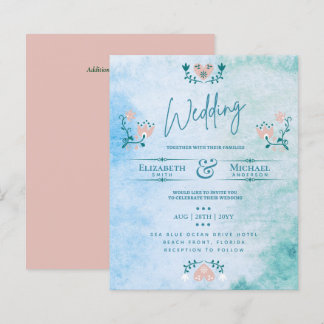 LeahG BUDGET Wedding Invite Folk Art Peach Teal